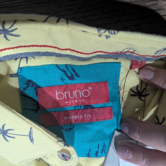 Bruno Milano Mens Short Sleeve Shirt Button Up Small NWT Yellow Flamingos Trees - Picture 5 of 16